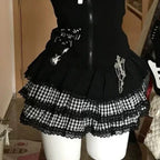 Scene Black Plaid Lace-Trim Mini Skirt with Layered Ruffles