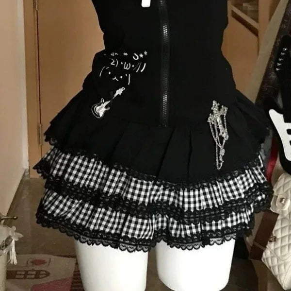 Scene Black Plaid Lace-Trim Mini Skirt with Layered Ruffles
