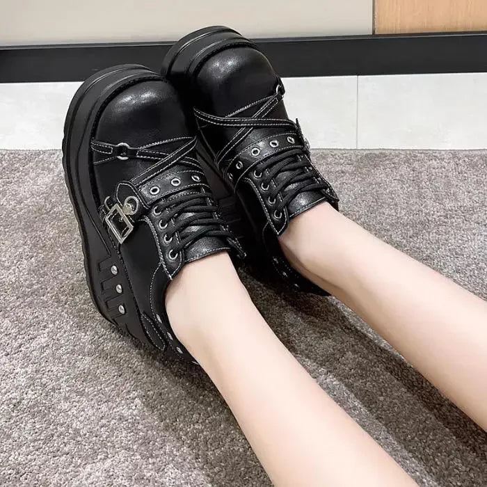 Scene Black Platform Mary Jane Shoes with Buckle and Stud Details