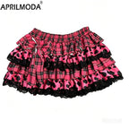 Scene Pink Plaid & Leopard Print Ruffle Mini Skirt with Lace Trim