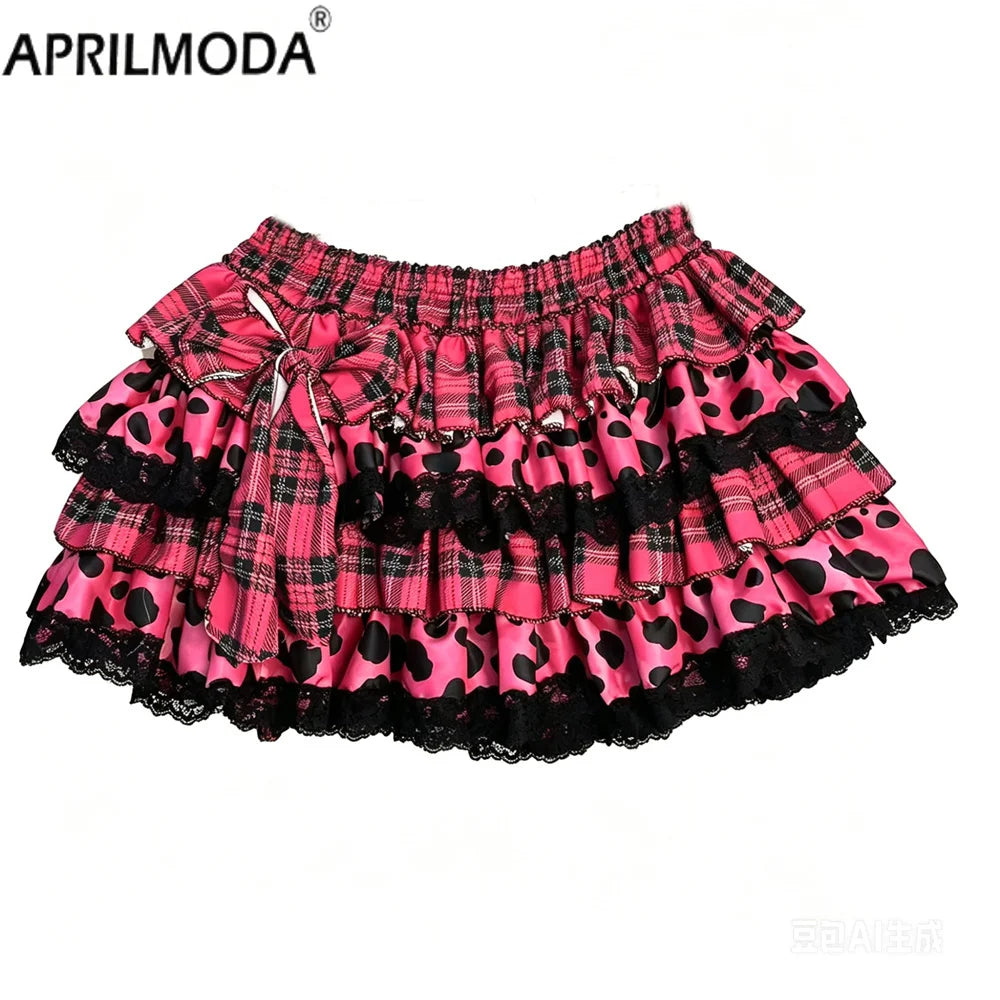 Scene Pink Plaid & Leopard Print Ruffle Mini Skirt with Lace Trim