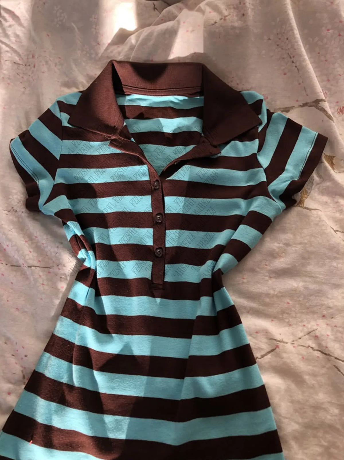 Scene Women's Blue and Brown Striped Polo Shirt