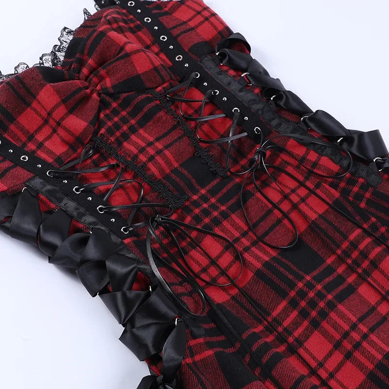 Women's Scene Red and Black Plaid Lace-Up Mini Dress