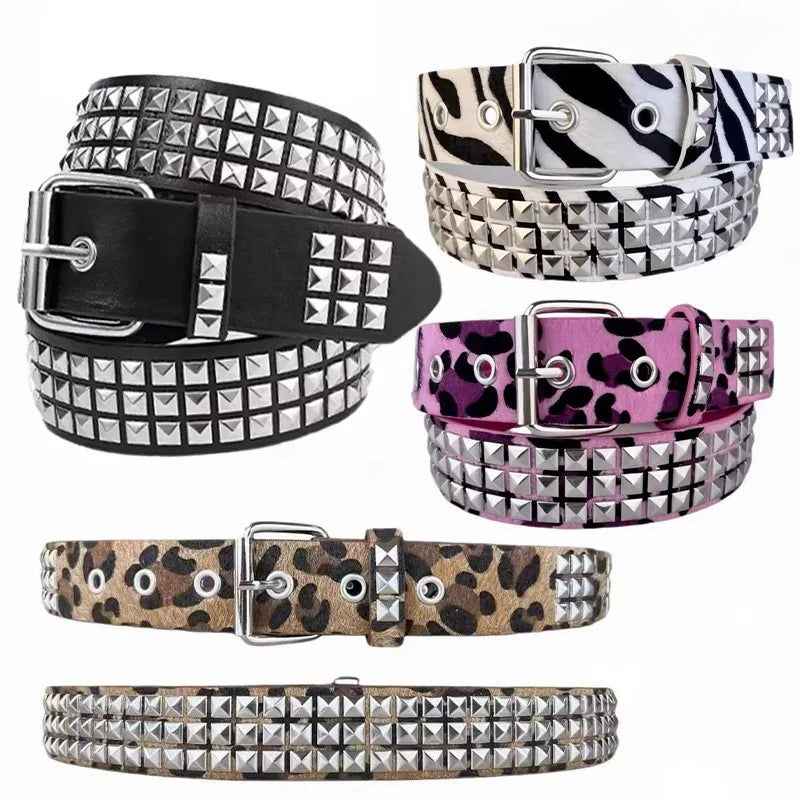 Scene Pink Leopard-Print Pyramid Stud PU Belt