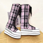 Scene Pink & Black Plaid Platform Knee-High Lace-Up Boots