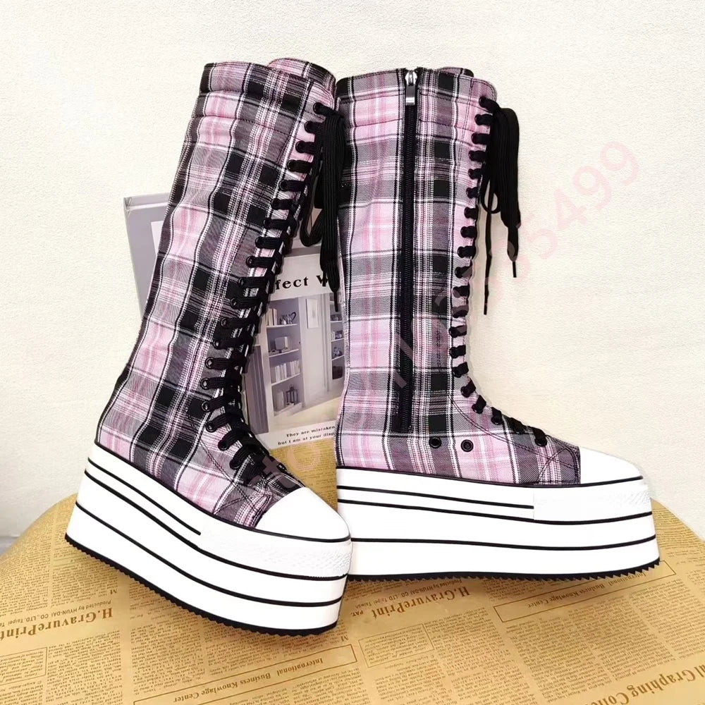 Scene Pink & Black Plaid Platform Knee-High Lace-Up Boots