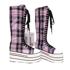 Scene Pink & Black Plaid Platform Knee-High Lace-Up Boots