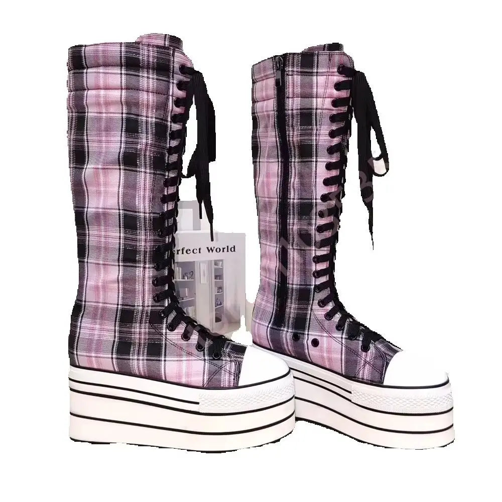Scene Pink & Black Plaid Platform Knee-High Lace-Up Boots