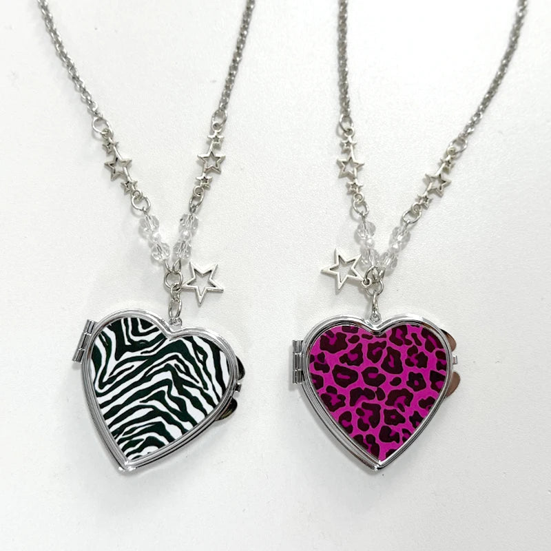 Scene Y2K Heart Mirror Pendant Necklace with Leopard and Zebra Print