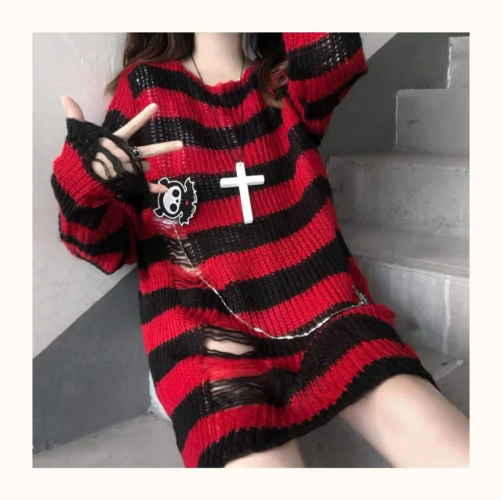 Scene Striped Distressed Knit Pullover Sweater