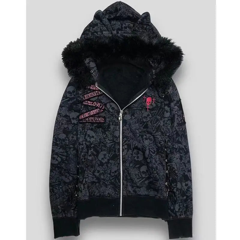 Scene Women's Skull Print Hooded Jacket with Faux-Fur Trim