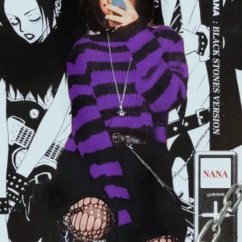 Scene Striped Distressed Knit Pullover Sweater