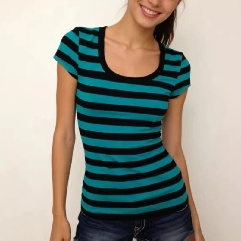 Scene Women's Striped Slim-Fit Short-Sleeve T-Shirt with Square Neckline