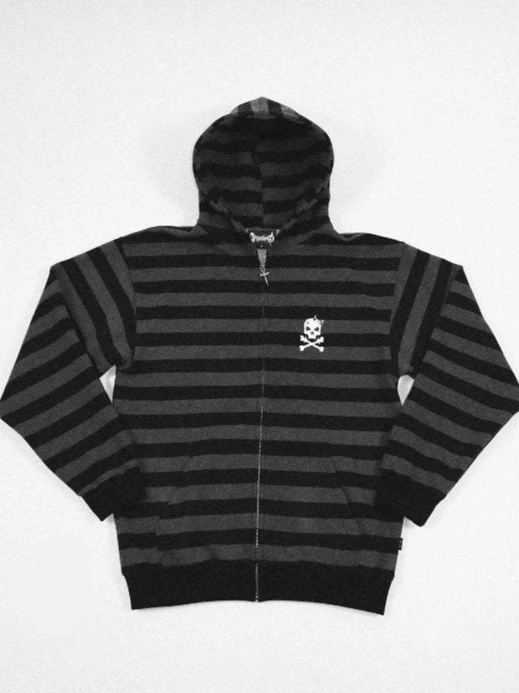 Scene Striped Skull Graphic Zip-Up Hoodie