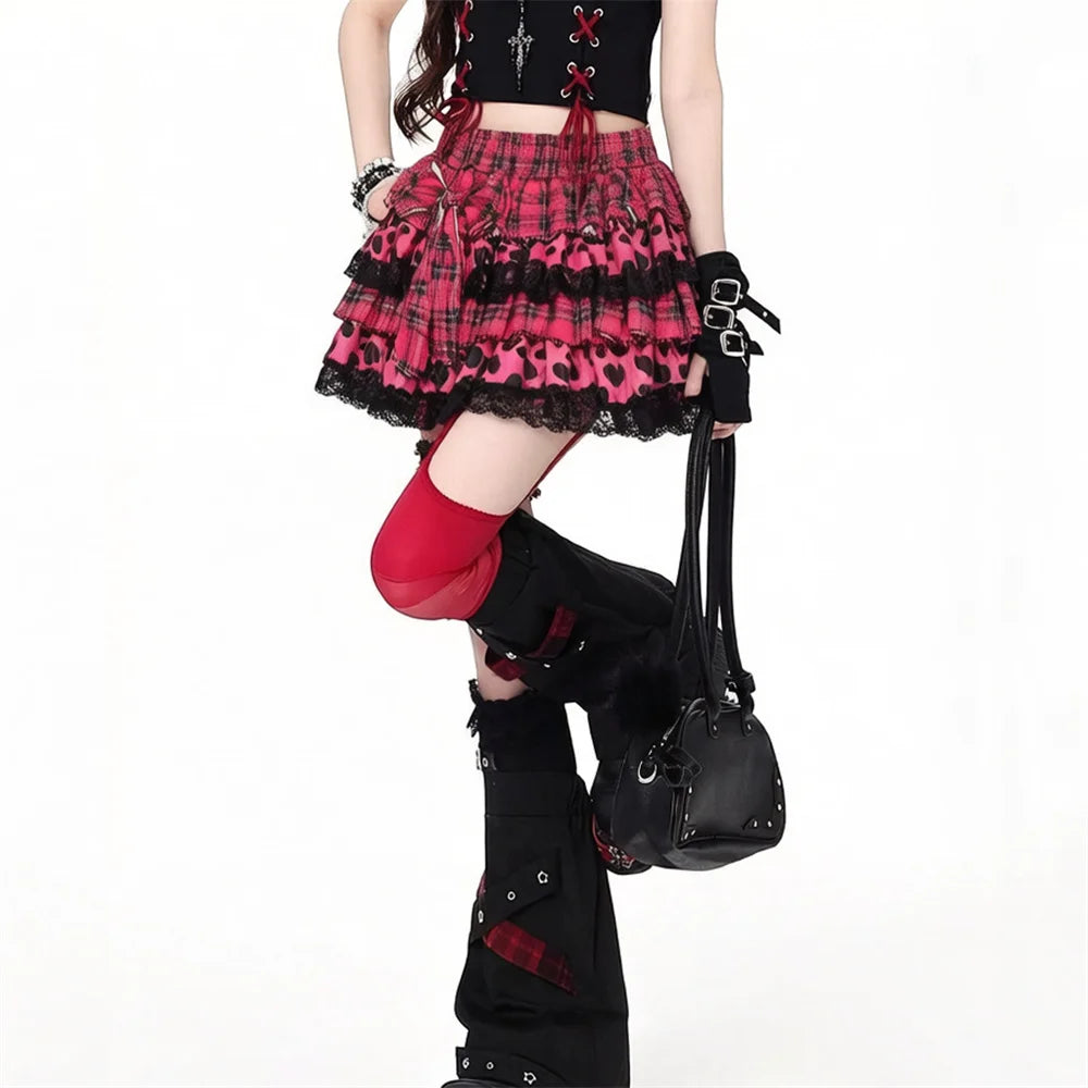 Scene Pink Plaid & Leopard Print Ruffle Mini Skirt with Lace Trim