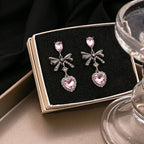 Scene Pink Rhinestone Bow and Heart Drop Earrings