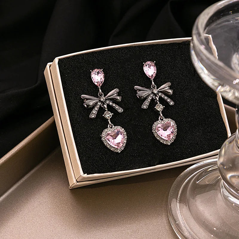 Scene Pink Rhinestone Bow and Heart Drop Earrings