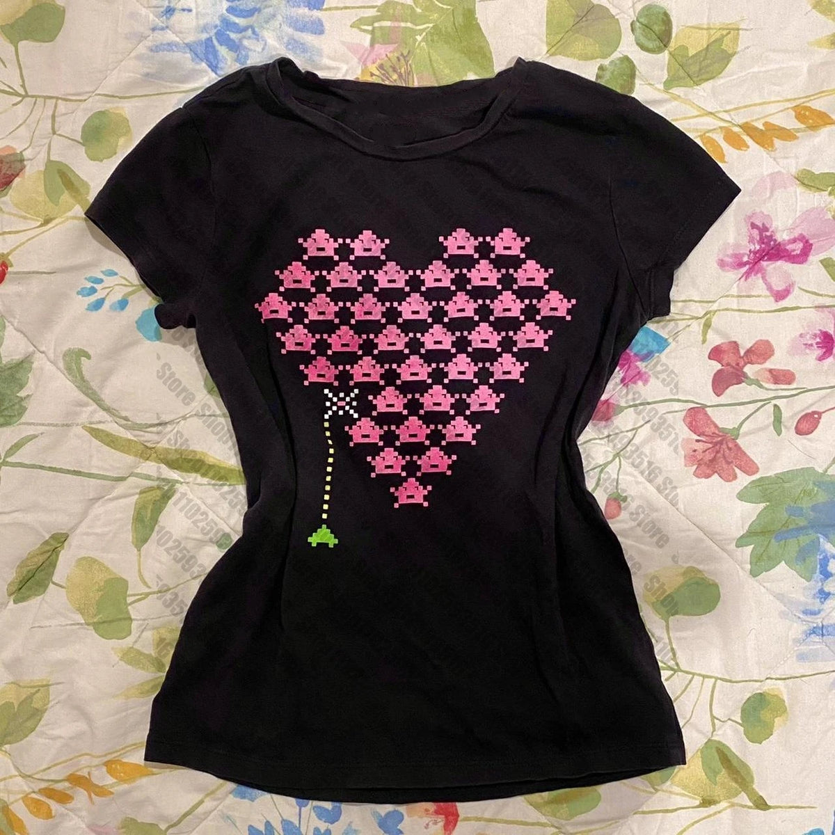 Scene Black Pixel Kitty Graphic T-Shirt