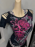 Scene Women's Black Floral Rose Print Cutout-Shoulder Top