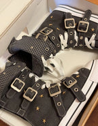 Scene Punk Canvas Ankle Boots with Buckle Straps and Star Details