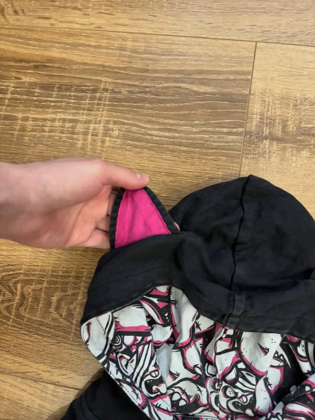 Scene Cat-Ear Reversible Zip Hoodie with Pink Cartoon Cat Print
