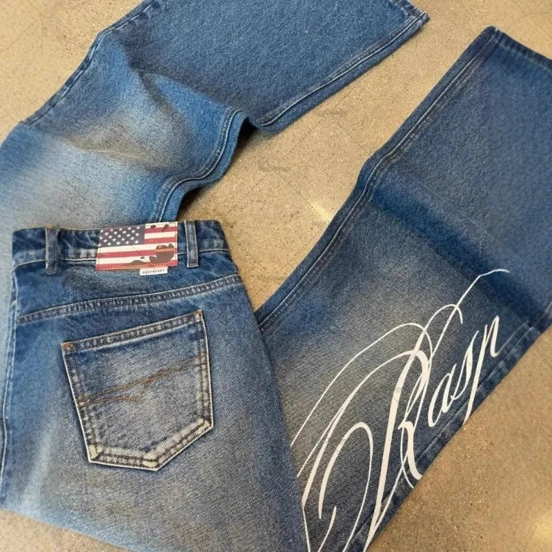 Scene Blue Letter Graphic Wide-Leg Jeans