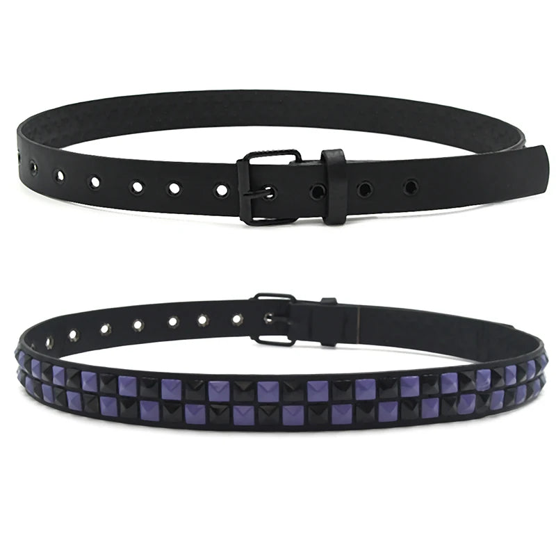 Scene Pyramid Stud PU Belt with Square Rivets – Black with Red, White or Purple Accents