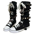 Scene Black Canvas Mid-Calf Lace-Up Boots with Studded Straps