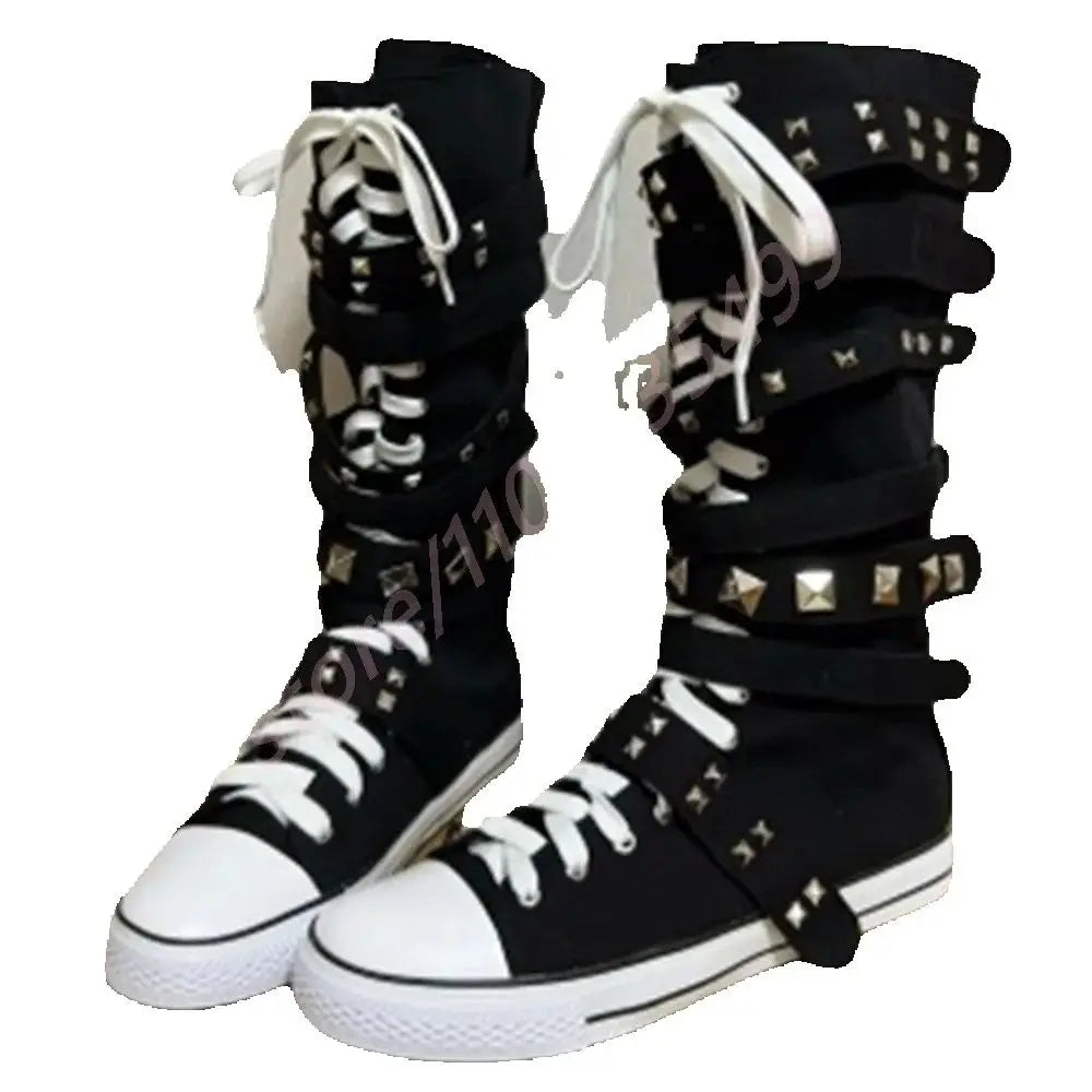 Scene Black Canvas Mid-Calf Lace-Up Boots with Studded Straps