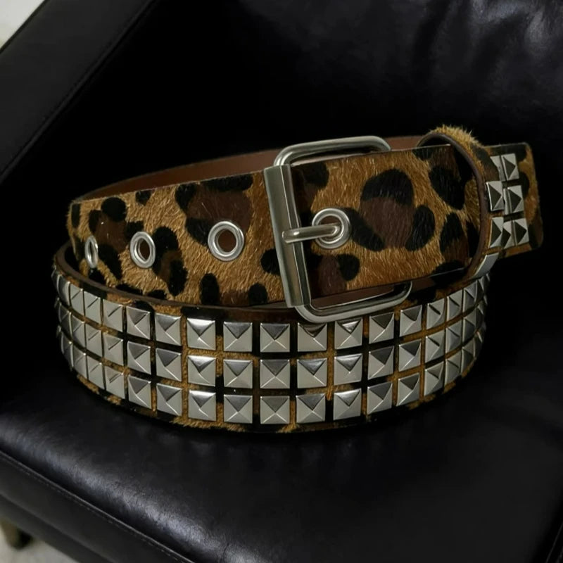 Scene Pink Leopard-Print Pyramid Stud PU Belt