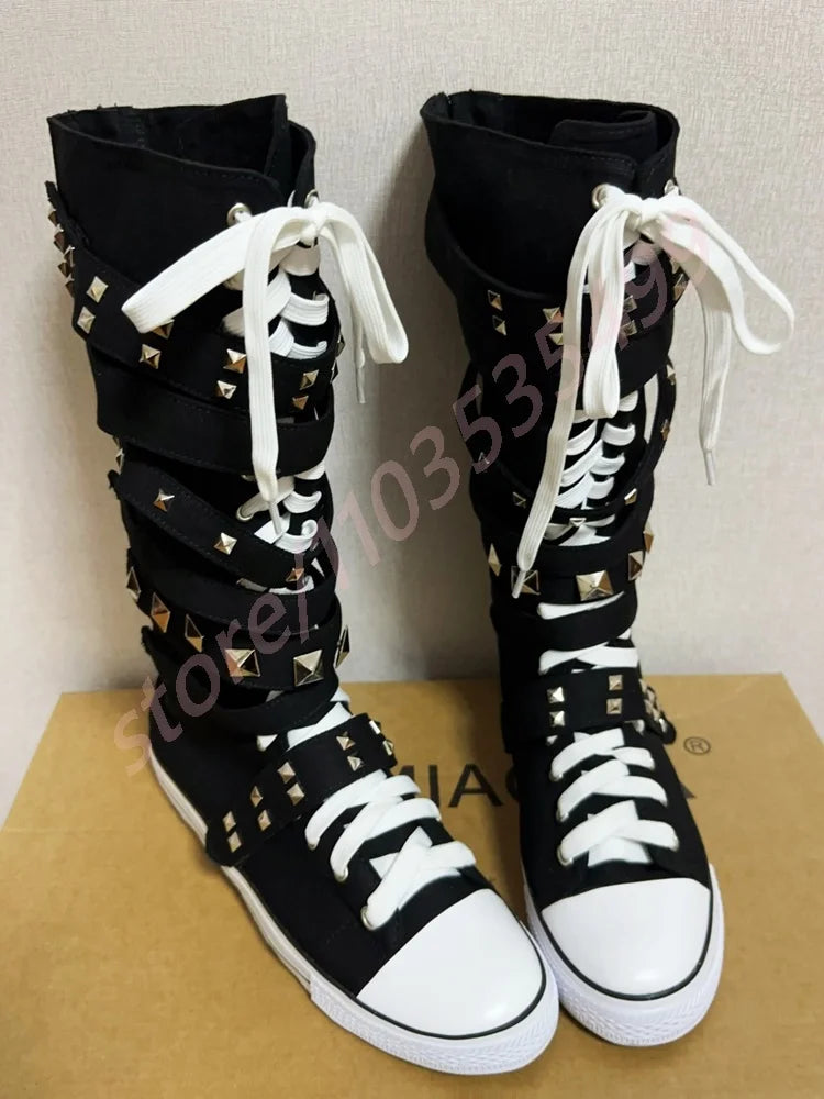 Scene Black Canvas Mid-Calf Lace-Up Boots with Studded Straps