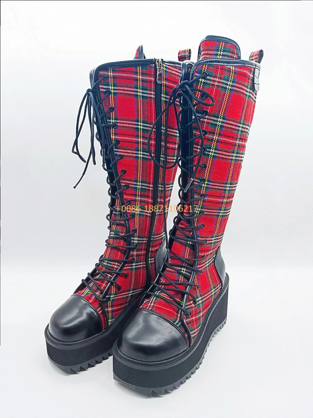 Scene Red Plaid Knee-High Lace-Up Platform Boots