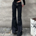 Scene Black Low-Waisted Flared Pants with Rivet Details