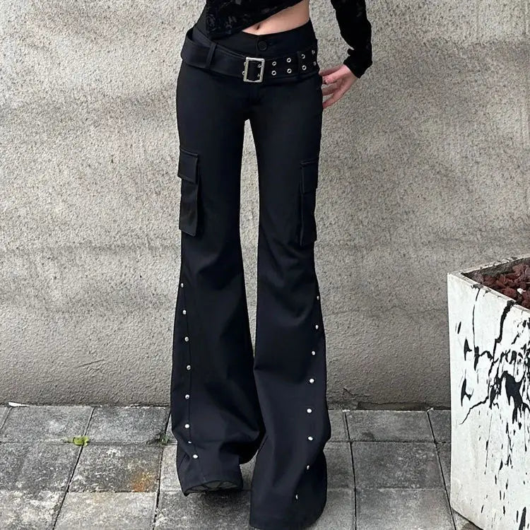 Scene Black Low-Waisted Flared Pants with Rivet Details