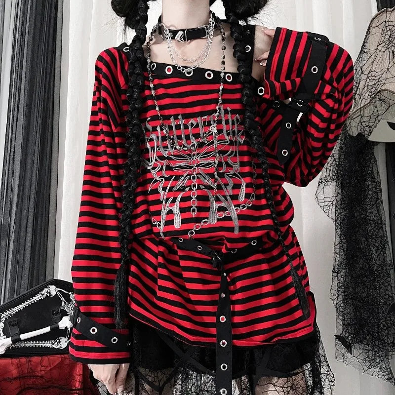 Scene Striped Graphic Long-Sleeve Top with Grommet Details