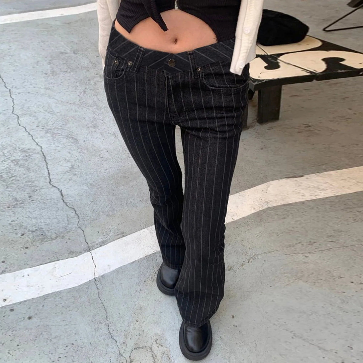 Scene Women’s Black Pinstripe Low-Rise Bootcut Jeans