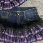 Scene Y2K Purple Plaid Patchwork Denim Mini Skirt with Ruffles and Butterfly Belt