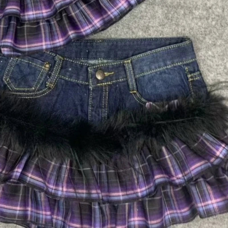 Scene Y2K Purple Plaid Patchwork Denim Mini Skirt with Ruffles and Butterfly Belt