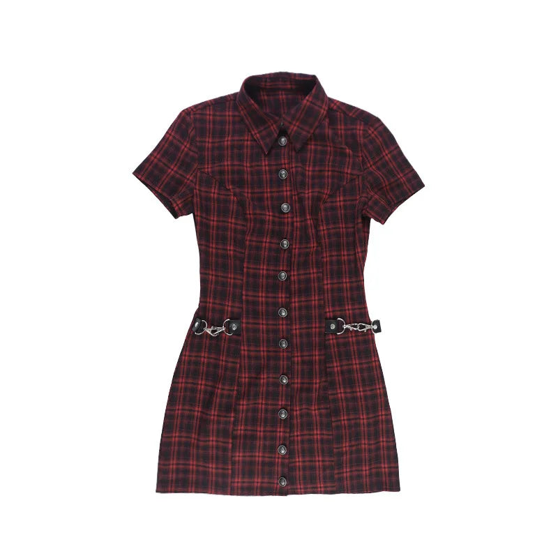 Scene Women's Red Plaid Gothic Mini Dress with Chain Details