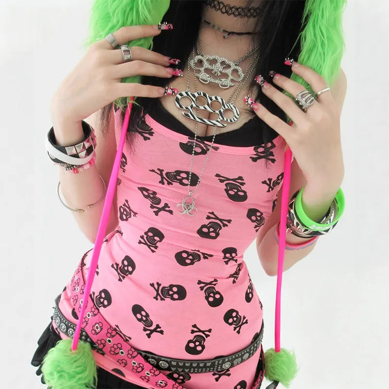 Scene Pink Skull Print Strappy Tank Top