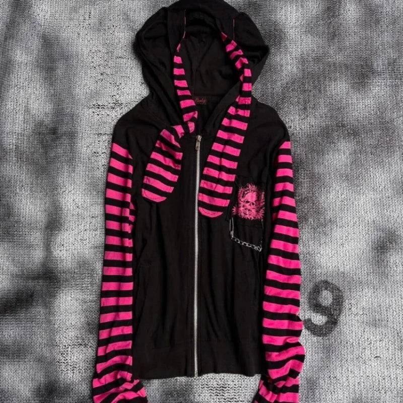 Scene Women's Black and Pink Skull Print Zip-Up Hoodie