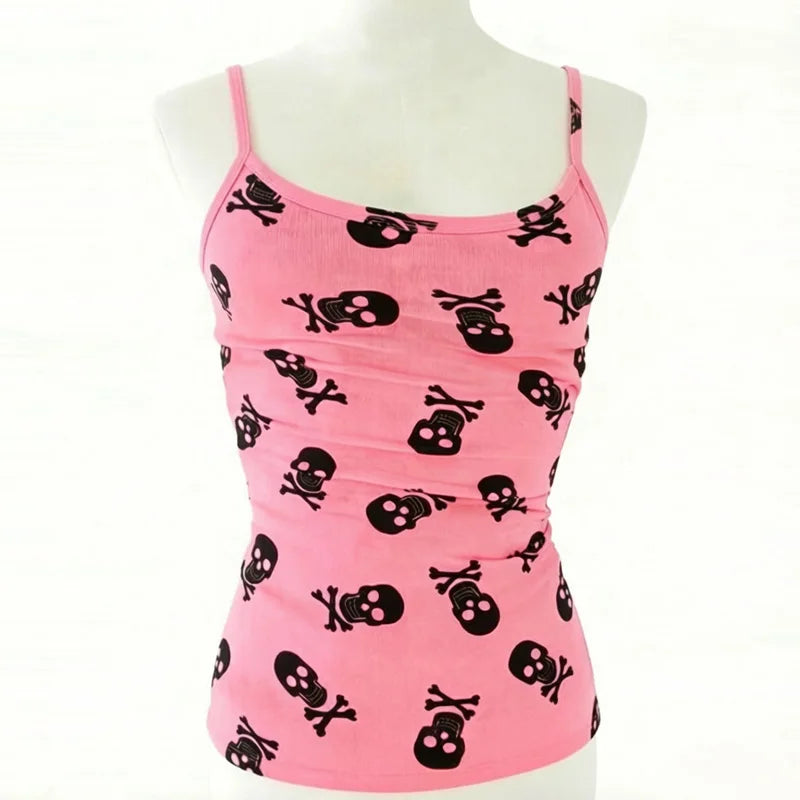 Scene Pink Skull Print Strappy Tank Top