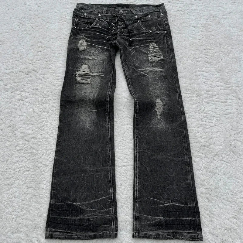 Scene Black Distressed Lace-Up Micro-Flare Jeans