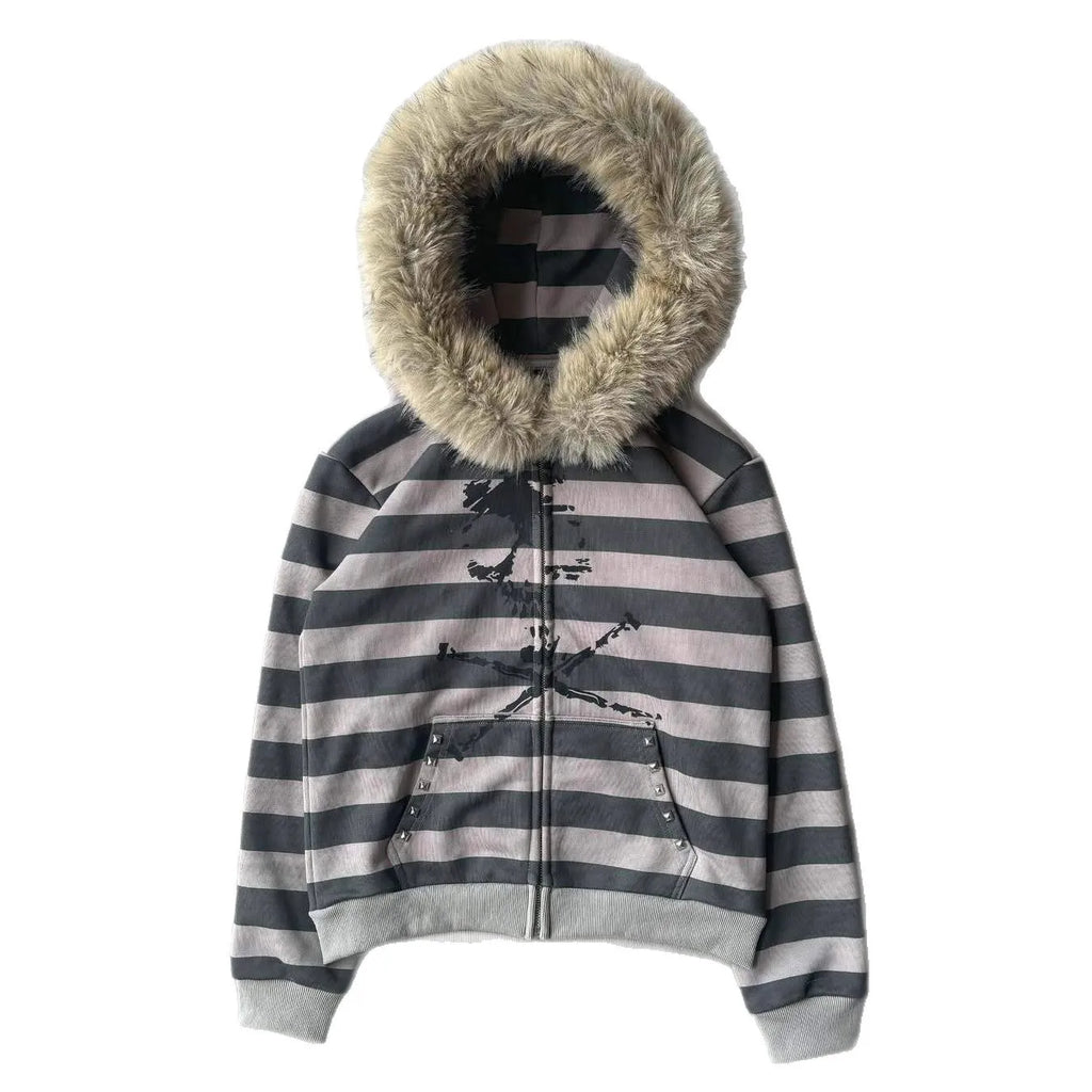 Scene Women's Gray Striped Zip Hoodie with Fur-Trimmed Hood