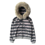 Scene Women's Gray Striped Zip Hoodie with Fur-Trimmed Hood