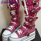 Scene Rose Red Striped Knee-High Platform Boots with Star Buckle Straps
