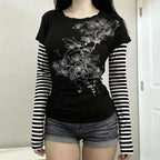 Scene Women's Black Floral Print Layered-Look T-Shirt with Striped Sleeves