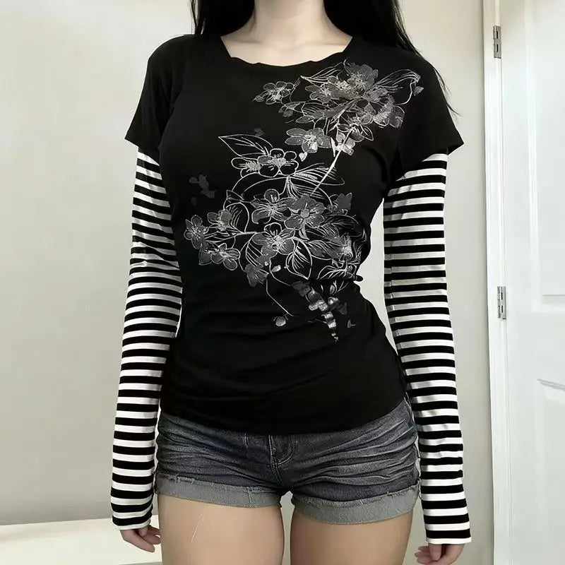 Scene Women's Black Floral Print Layered-Look T-Shirt with Striped Sleeves