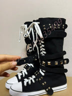 Scene Black Canvas Mid-Calf Lace-Up Boots with Studded Straps