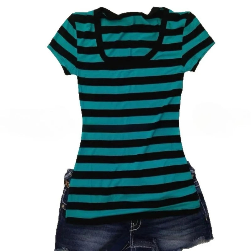 Scene Women's Striped Slim-Fit Short-Sleeve T-Shirt with Square Neckline